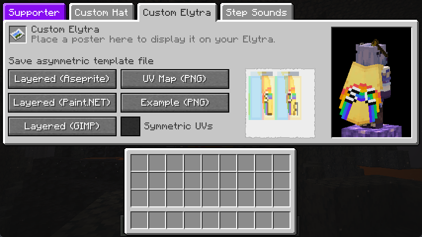 Screenshot of the "Custom Elytra" tab in the Supporter Customization screen.
