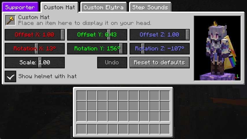 Screenshot of the "Custom Hat" tab in the Supporter Customization screen.